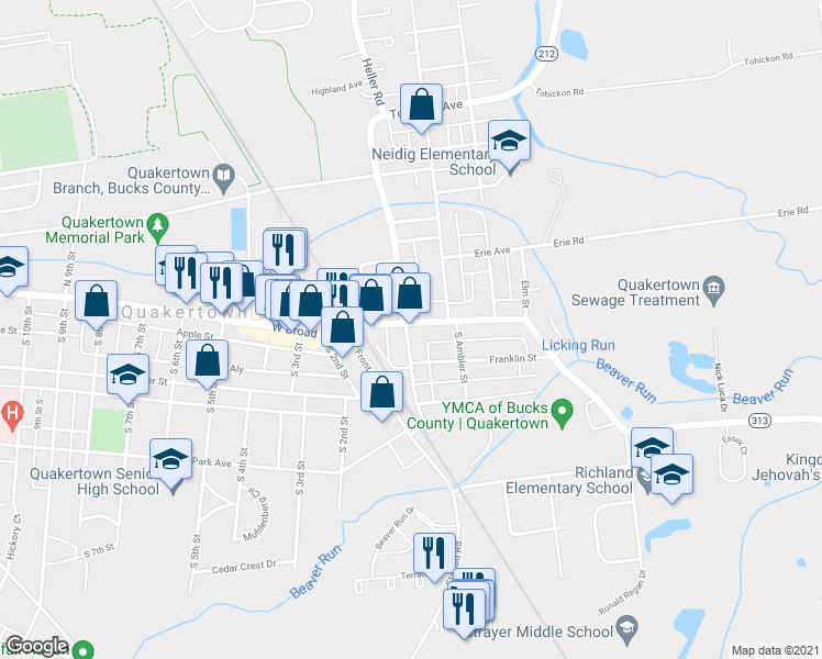map of restaurants, bars, coffee shops, grocery stores, and more near 200 East Broad Street in Quakertown