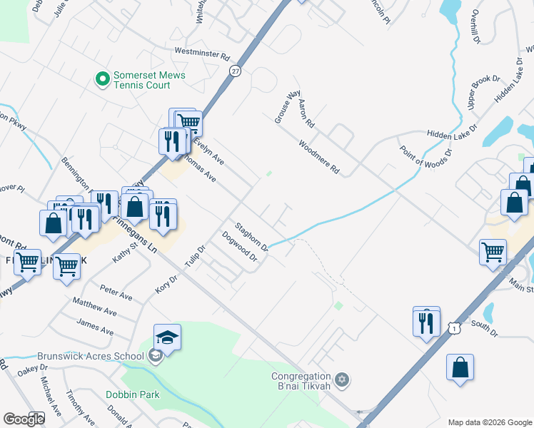 map of restaurants, bars, coffee shops, grocery stores, and more near 1373 Thomas Avenue in North Brunswick Township