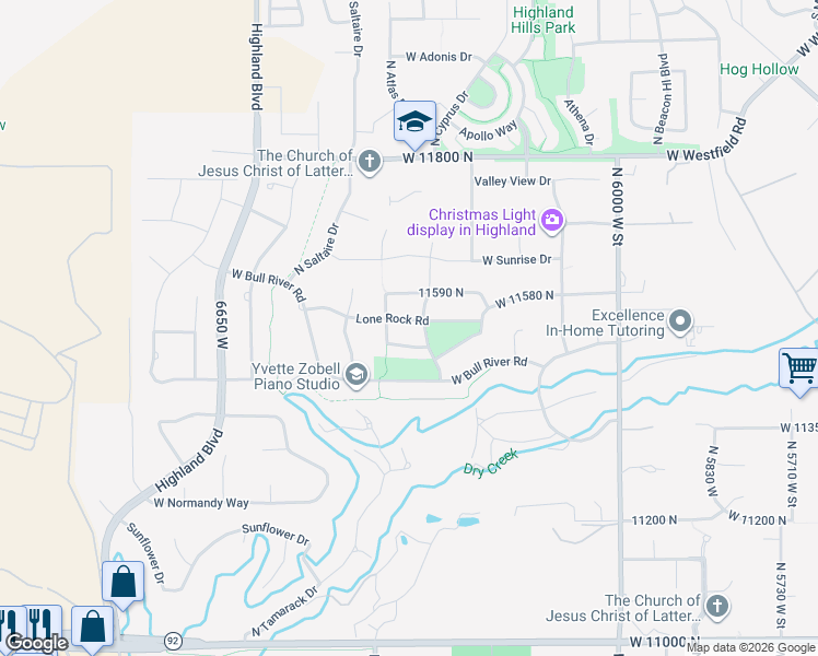 map of restaurants, bars, coffee shops, grocery stores, and more near 11559 Mercer Hollow Road in Highland