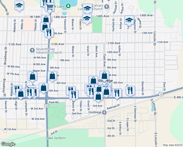map of restaurants, bars, coffee shops, grocery stores, and more near West Avenue in Holdrege