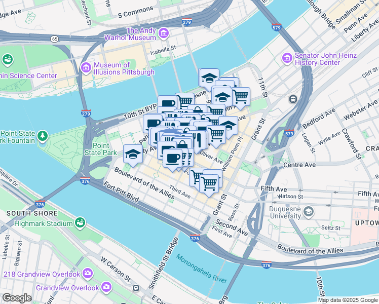 map of restaurants, bars, coffee shops, grocery stores, and more near 249 Fifth Avenue in Pittsburgh