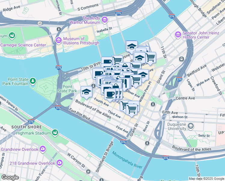 map of restaurants, bars, coffee shops, grocery stores, and more near 510 Market Street in Pittsburgh