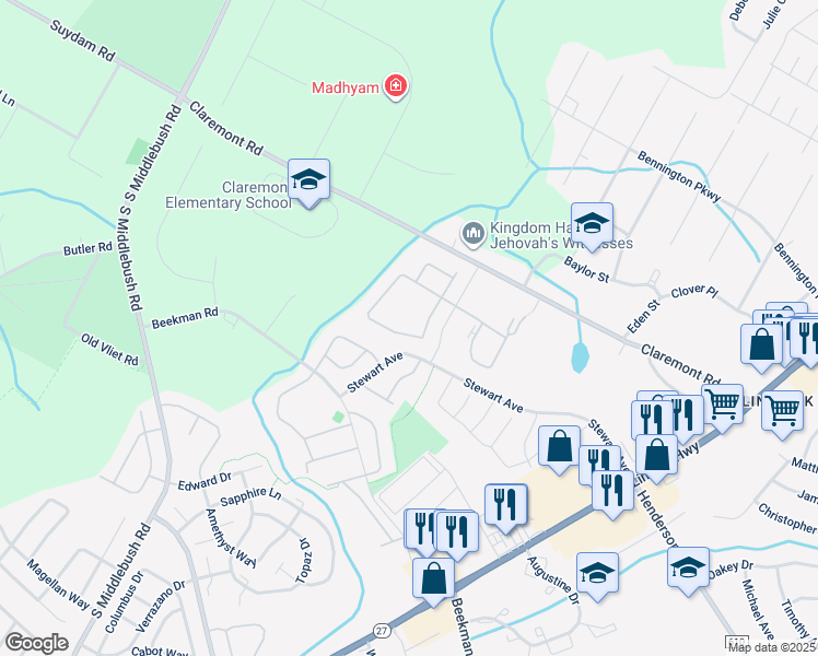 map of restaurants, bars, coffee shops, grocery stores, and more near 27 Pear Tree Lane in Franklin Township