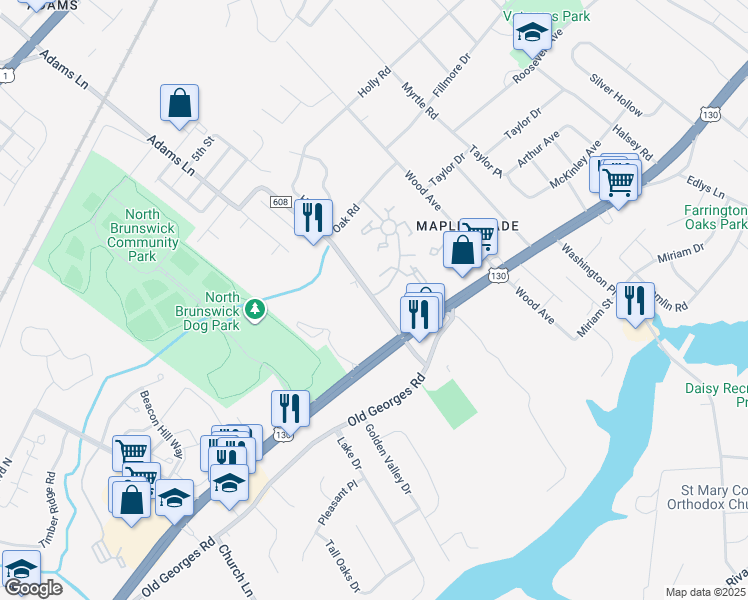 map of restaurants, bars, coffee shops, grocery stores, and more near 500 County Road 608 in North Brunswick Township