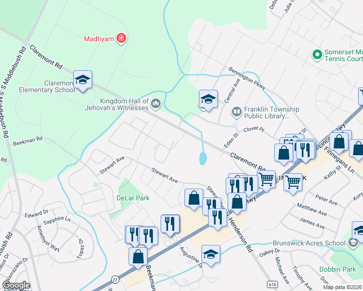 map of restaurants, bars, coffee shops, grocery stores, and more near 94 Crabapple Lane in Franklin Township
