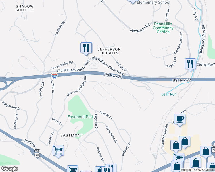 map of restaurants, bars, coffee shops, grocery stores, and more near 409 Nike Drive in Pittsburgh