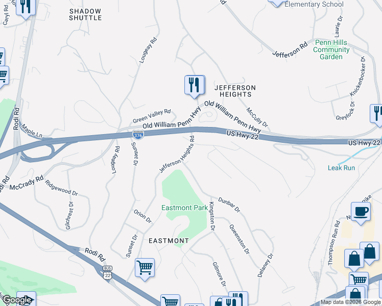 map of restaurants, bars, coffee shops, grocery stores, and more near 1305 Jefferson Heights Road in Pittsburgh