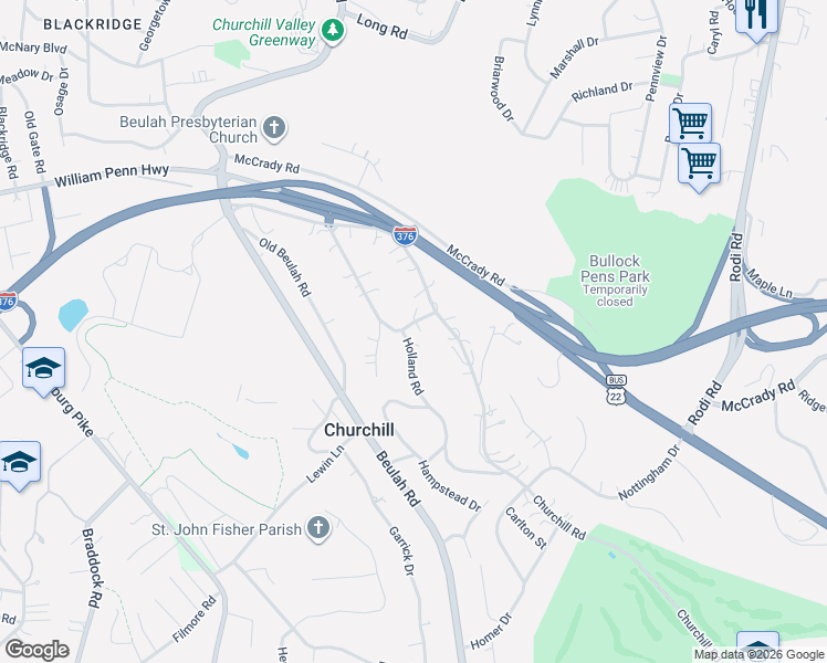 map of restaurants, bars, coffee shops, grocery stores, and more near 20 Churchill Road in Pittsburgh