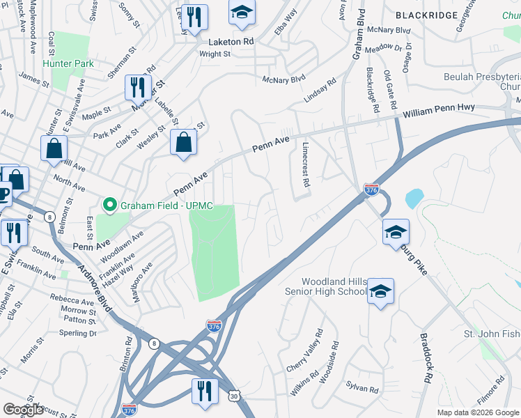 map of restaurants, bars, coffee shops, grocery stores, and more near 7305 Beacon Hill Drive in Pittsburgh