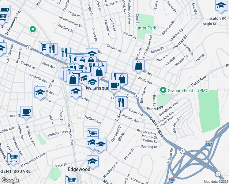 map of restaurants, bars, coffee shops, grocery stores, and more near 910 Coal Street in Pittsburgh