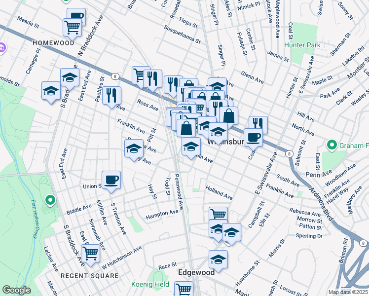 map of restaurants, bars, coffee shops, grocery stores, and more near 710 Wood Street in Pittsburgh
