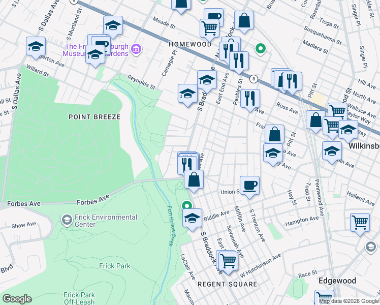 map of restaurants, bars, coffee shops, grocery stores, and more near 541 South Braddock Avenue in Pittsburgh