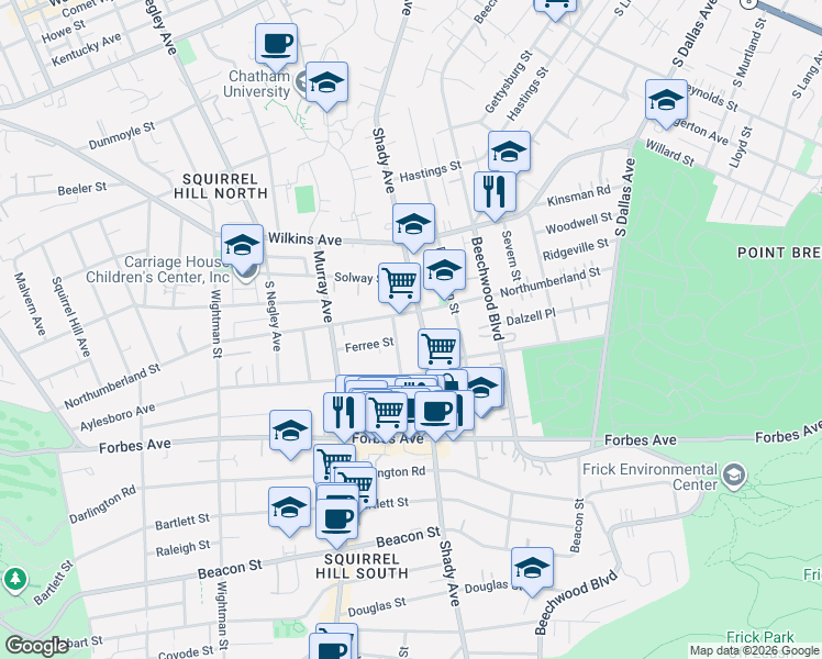 map of restaurants, bars, coffee shops, grocery stores, and more near 1506 Shady Avenue in Pittsburgh