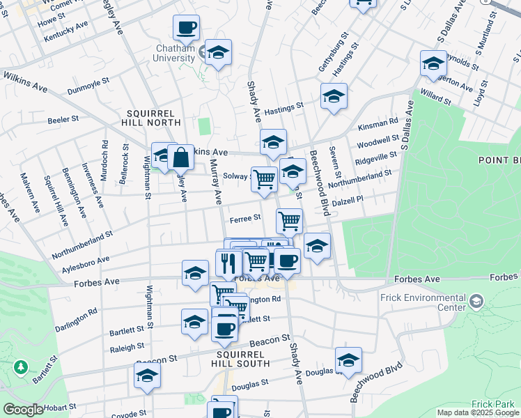 map of restaurants, bars, coffee shops, grocery stores, and more near in Pittsburgh