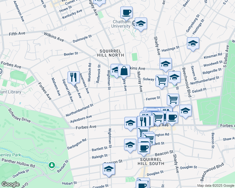 map of restaurants, bars, coffee shops, grocery stores, and more near 5649 Northumberland Street in Pittsburgh