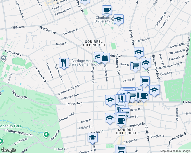 map of restaurants, bars, coffee shops, grocery stores, and more near 1445 Wightman Street in Pittsburgh
