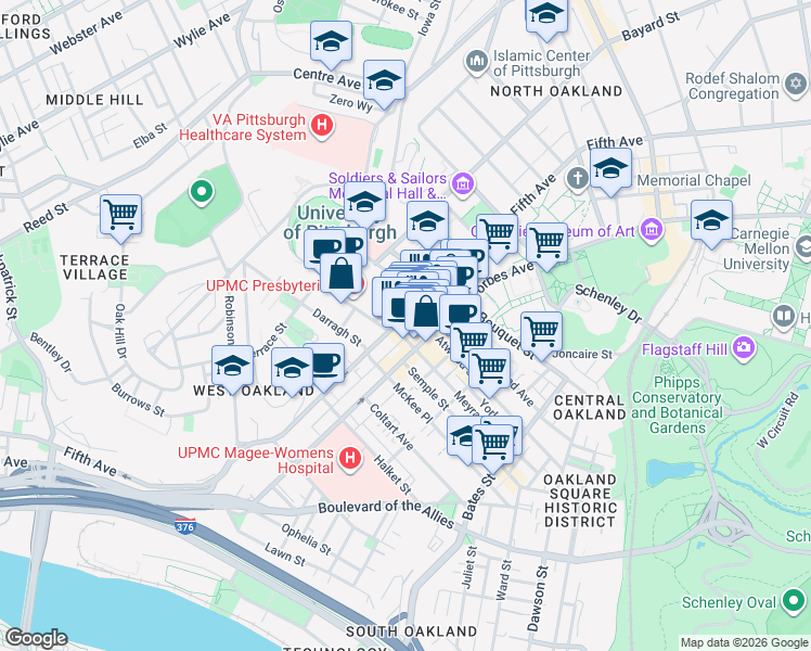 map of restaurants, bars, coffee shops, grocery stores, and more near 3705 Fifth Avenue in Pittsburgh
