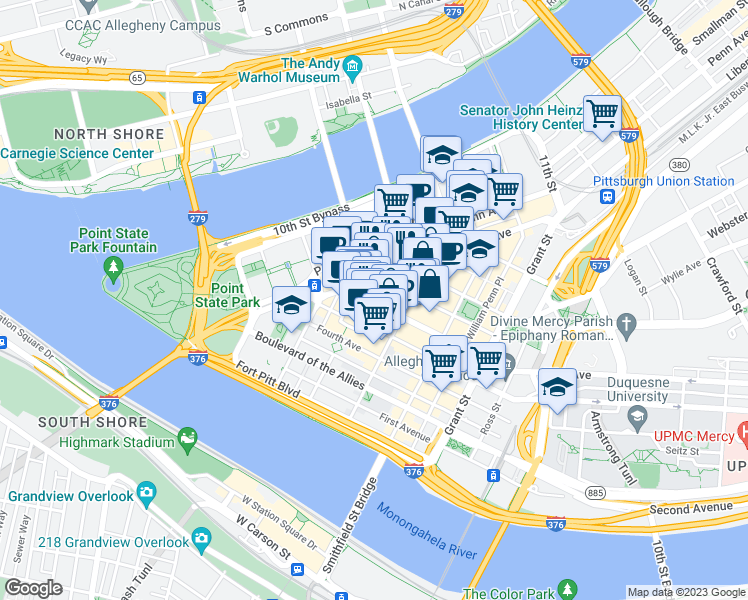 map of restaurants, bars, coffee shops, grocery stores, and more near 225 Fifth Avenue in Pittsburgh