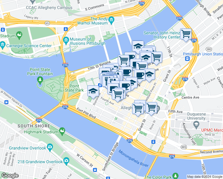 map of restaurants, bars, coffee shops, grocery stores, and more near 226 6th Street in Pittsburgh