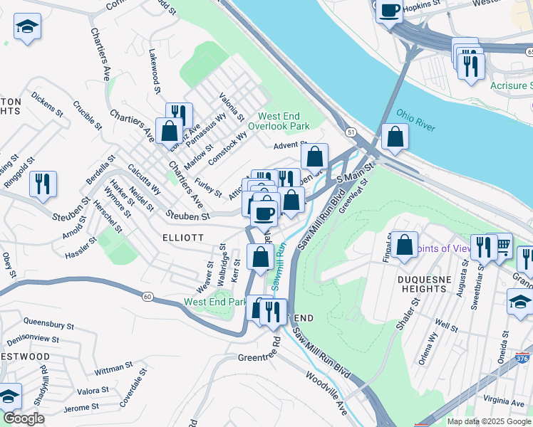 map of restaurants, bars, coffee shops, grocery stores, and more near 426 South Main Street in Pittsburgh