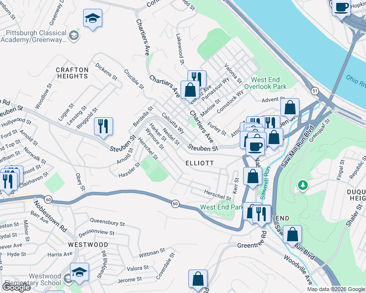 map of restaurants, bars, coffee shops, grocery stores, and more near 815 Neidel Street in Pittsburgh