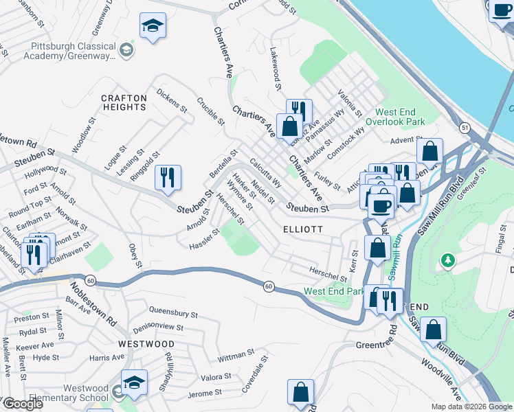 map of restaurants, bars, coffee shops, grocery stores, and more near 900 Wymore Street in Pittsburgh