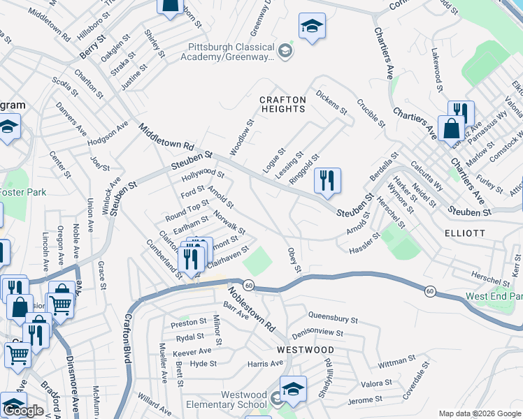 map of restaurants, bars, coffee shops, grocery stores, and more near 1453 Obey Street in Pittsburgh