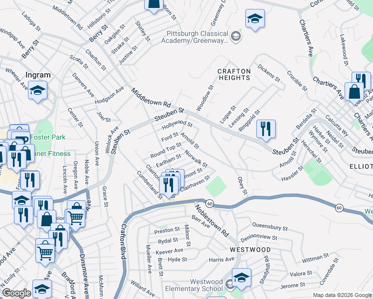 map of restaurants, bars, coffee shops, grocery stores, and more near 1638 Norwalk Street in Pittsburgh