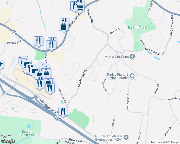 map of restaurants, bars, coffee shops, grocery stores, and more near 1208 Kenzie Road in Pittsburgh