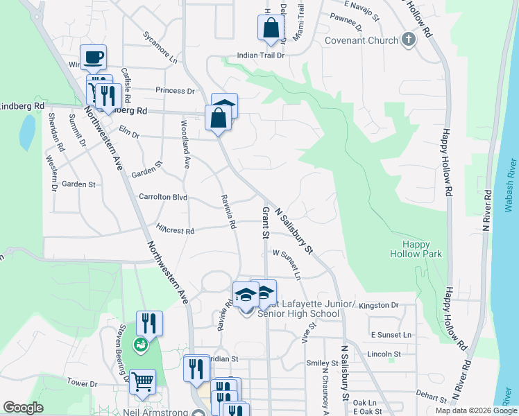 map of restaurants, bars, coffee shops, grocery stores, and more near 509 Carrolton Boulevard in West Lafayette