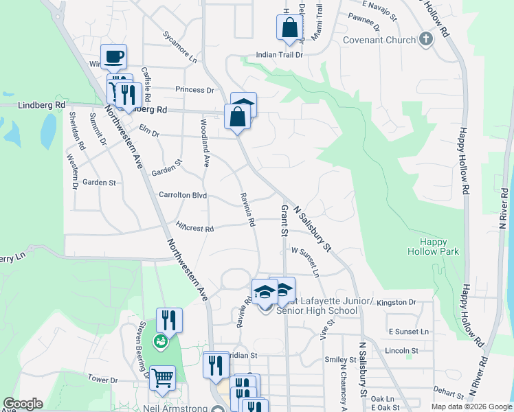 map of restaurants, bars, coffee shops, grocery stores, and more near 520-598 Carrolton Boulevard in West Lafayette