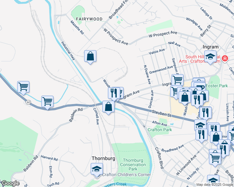 map of restaurants, bars, coffee shops, grocery stores, and more near 15 Ingram Avenue in Pittsburgh