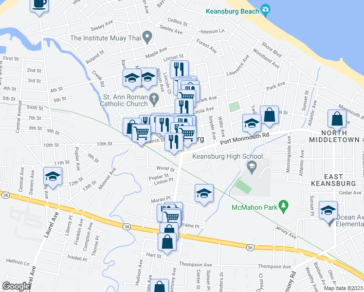 map of restaurants, bars, coffee shops, grocery stores, and more near 303 1/2 Main Street in Keansburg
