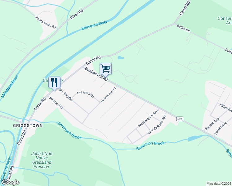 map of restaurants, bars, coffee shops, grocery stores, and more near 19 Honeyman Street in Princeton