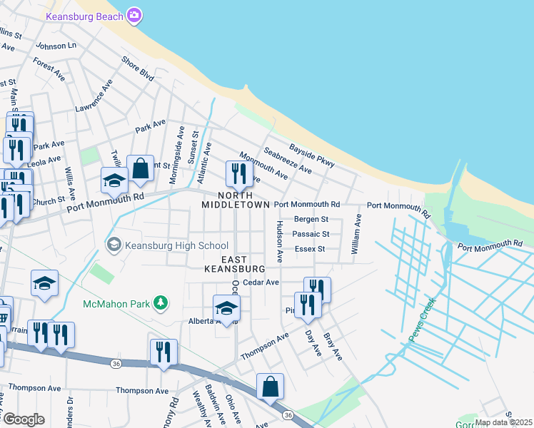 map of restaurants, bars, coffee shops, grocery stores, and more near 10 Shoreland Terrace in North Middletown