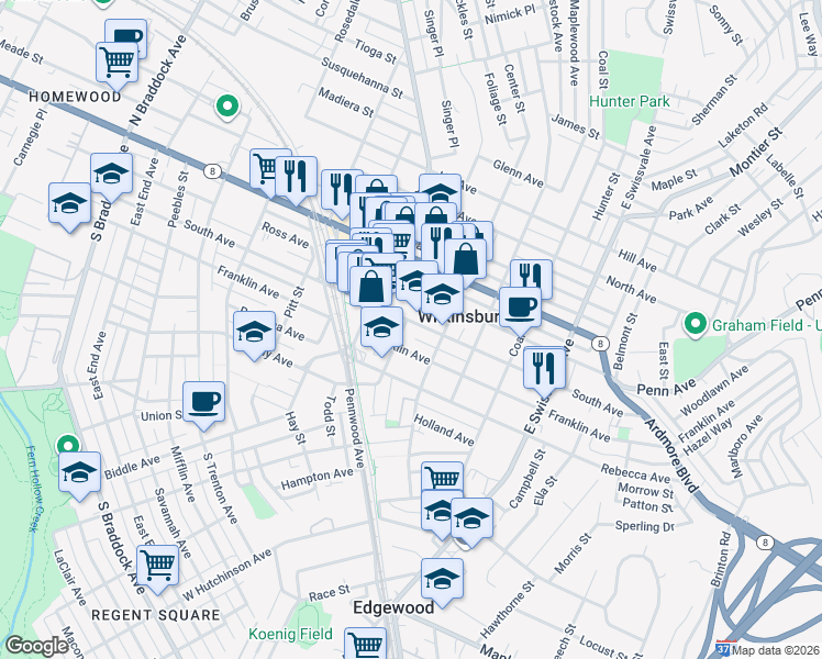 map of restaurants, bars, coffee shops, grocery stores, and more near in Wilkinsburg