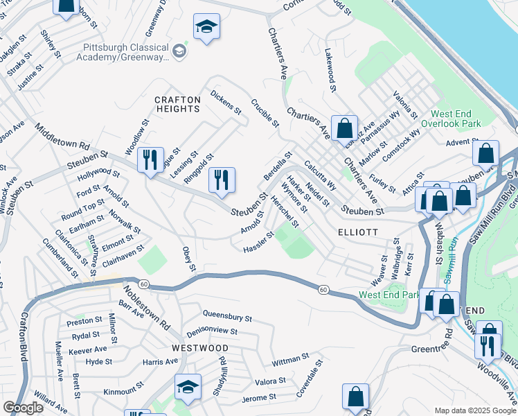 map of restaurants, bars, coffee shops, grocery stores, and more near in Pittsburgh