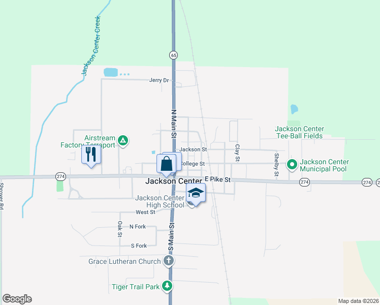map of restaurants, bars, coffee shops, grocery stores, and more near 201 Jackson Street in Jackson Center