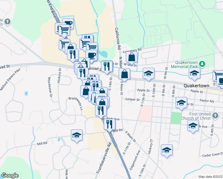 map of restaurants, bars, coffee shops, grocery stores, and more near 51 South 14th Street in Quakertown