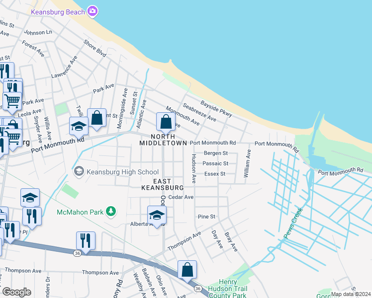 map of restaurants, bars, coffee shops, grocery stores, and more near 10 Shoreland Terrace in North Middletown