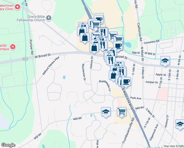map of restaurants, bars, coffee shops, grocery stores, and more near 69 Hickory Drive in Quakertown
