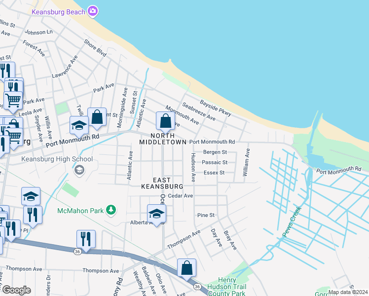 map of restaurants, bars, coffee shops, grocery stores, and more near 10 Shoreland Terrace in Middletown