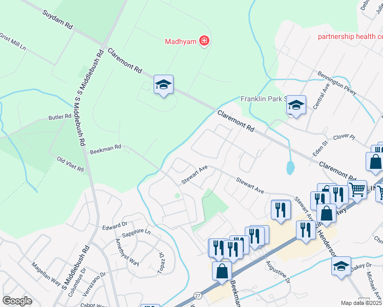 map of restaurants, bars, coffee shops, grocery stores, and more near 66 Pear Tree Lane in Franklin Township