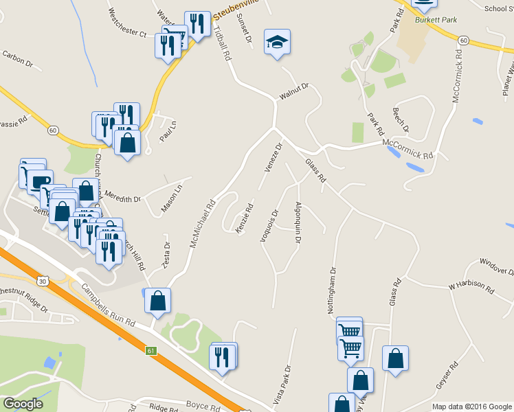 map of restaurants, bars, coffee shops, grocery stores, and more near 2401 Kenzie Road in Pittsburgh