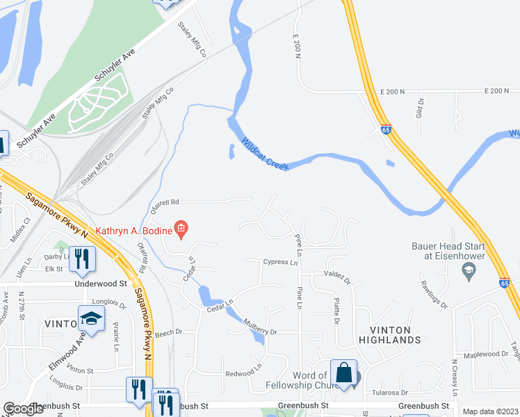 map of restaurants, bars, coffee shops, grocery stores, and more near 2242 Wigeon Drive in Lafayette