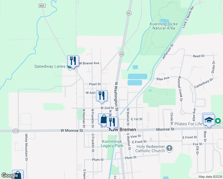 map of restaurants, bars, coffee shops, grocery stores, and more near 230 North Water Street in New Bremen