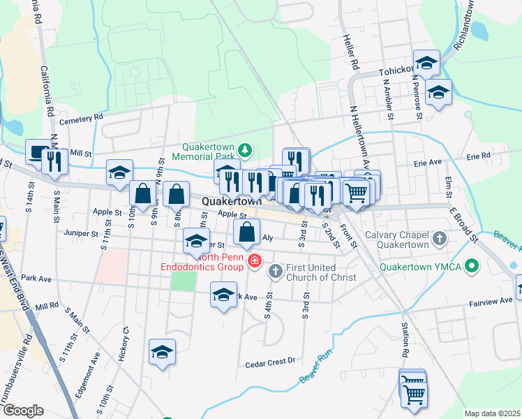 map of restaurants, bars, coffee shops, grocery stores, and more near 342 West Broad Street in Quakertown