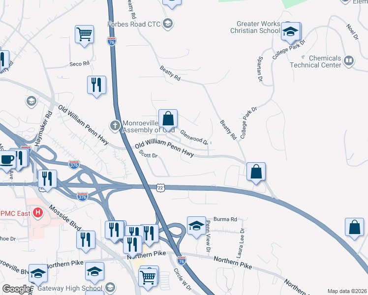map of restaurants, bars, coffee shops, grocery stores, and more near 529 Lakewood Drive in Monroeville