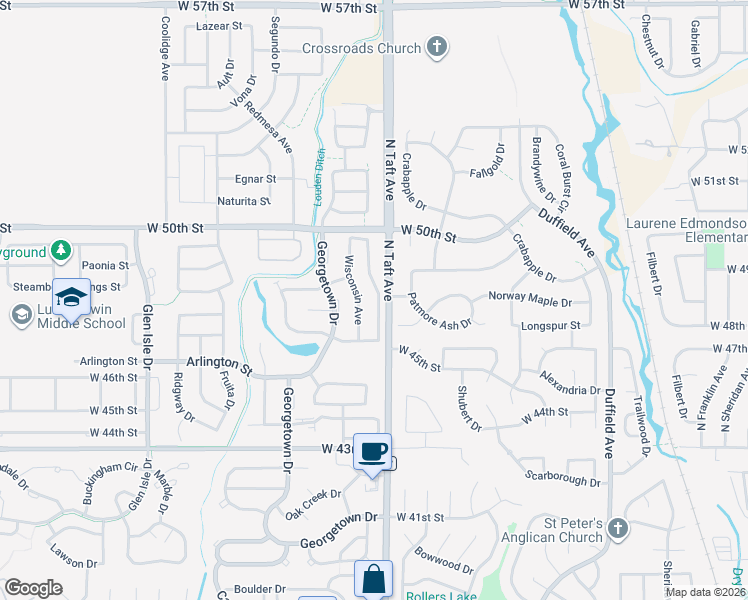 map of restaurants, bars, coffee shops, grocery stores, and more near 4760 Wisconsin Avenue in Loveland