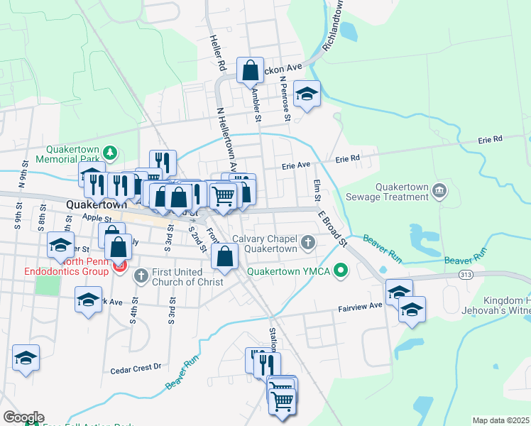 map of restaurants, bars, coffee shops, grocery stores, and more near 232 East Broad Street in Quakertown